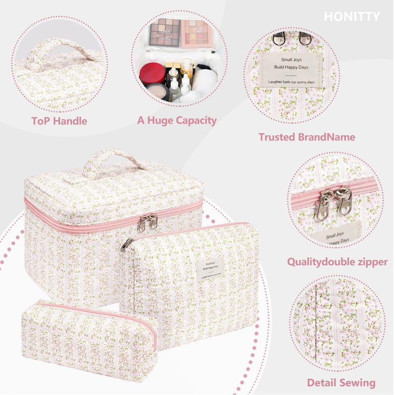 honitty Makeup Bag,Quilted Cosmetic Bags,Large Floral Make Up Organize bag,Makeup Bag Set for Women,Flower Travel Toiletry Bag - Image 3