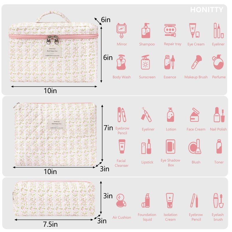 honitty Makeup Bag,Quilted Cosmetic Bags,Large Floral Make Up Organize bag,Makeup Bag Set for Women,Flower Travel Toiletry Bag - Image 2