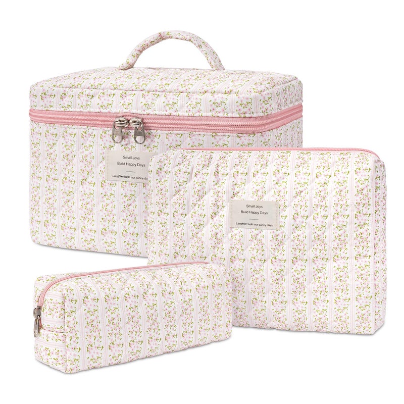 honitty Makeup Bag,Quilted Cosmetic Bags,Large Floral Make Up Organize bag,Makeup Bag Set for Women,Flower Travel Toiletry Bag - Image 1