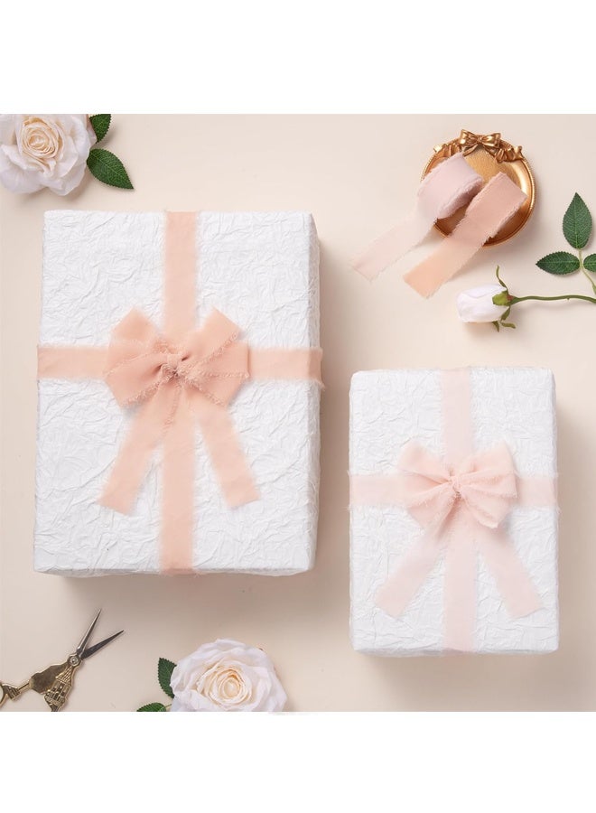 3 Rolls Nude & Cream White Handmade Chiffon Ribbon,4 cmx 5M Frayed Fringe Silk Ribbons for Gifts Wrapping, Wedding Invitations, Bridal Bouquets, Decorations - Image 3