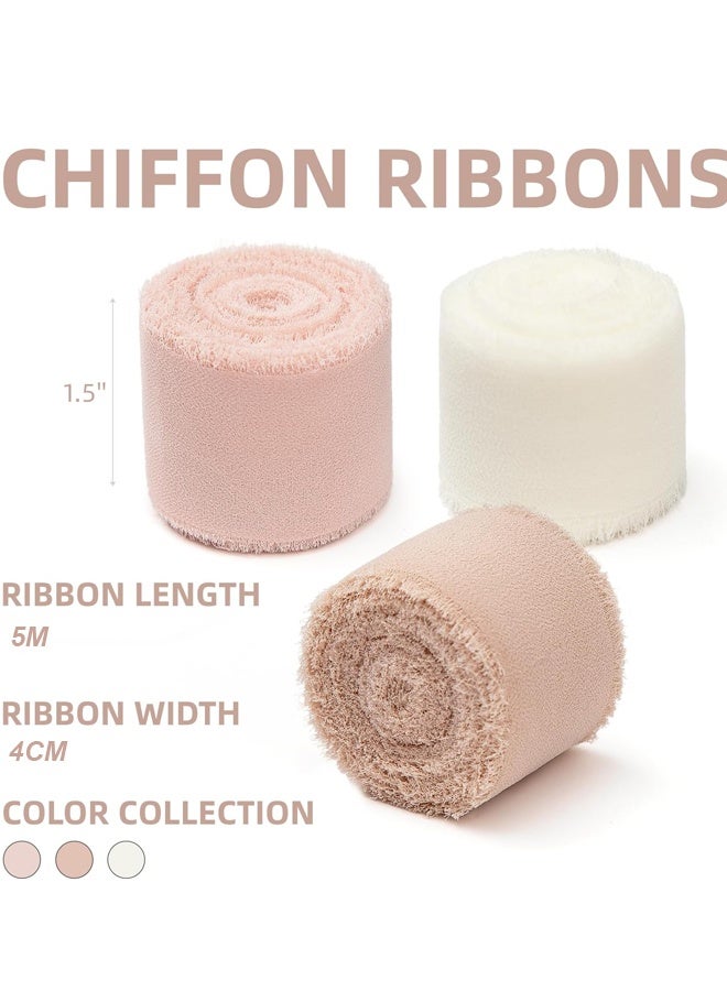 3 Rolls Nude & Cream White Handmade Chiffon Ribbon,4 cmx 5M Frayed Fringe Silk Ribbons for Gifts Wrapping, Wedding Invitations, Bridal Bouquets, Decorations - Image 5