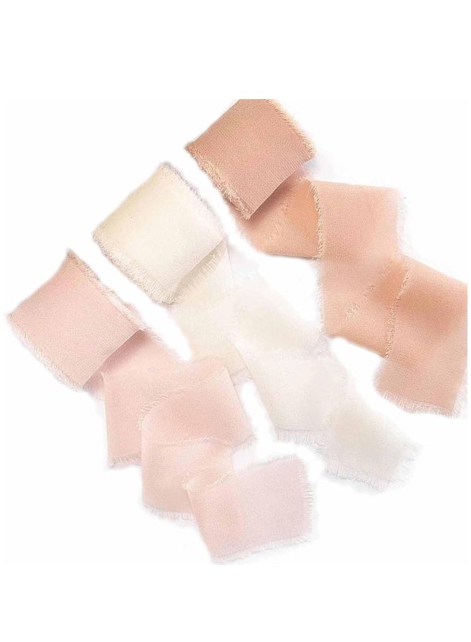 3 Rolls Nude & Cream White Handmade Chiffon Ribbon,4 cmx 5M Frayed Fringe Silk Ribbons for Gifts Wrapping, Wedding Invitations, Bridal Bouquets, Decorations - Image 1