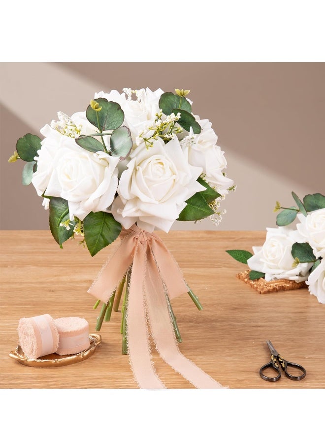 3 Rolls Nude & Cream White Handmade Chiffon Ribbon,4 cmx 5M Frayed Fringe Silk Ribbons for Gifts Wrapping, Wedding Invitations, Bridal Bouquets, Decorations - Image 2