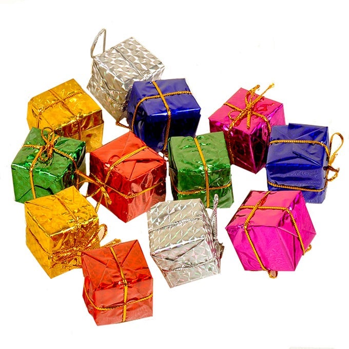 SHINY MINI CHRISTMAS TREE ORNAMENTS 24PIECE SET METAL FOIL WRAPPED DECORATION BOXES