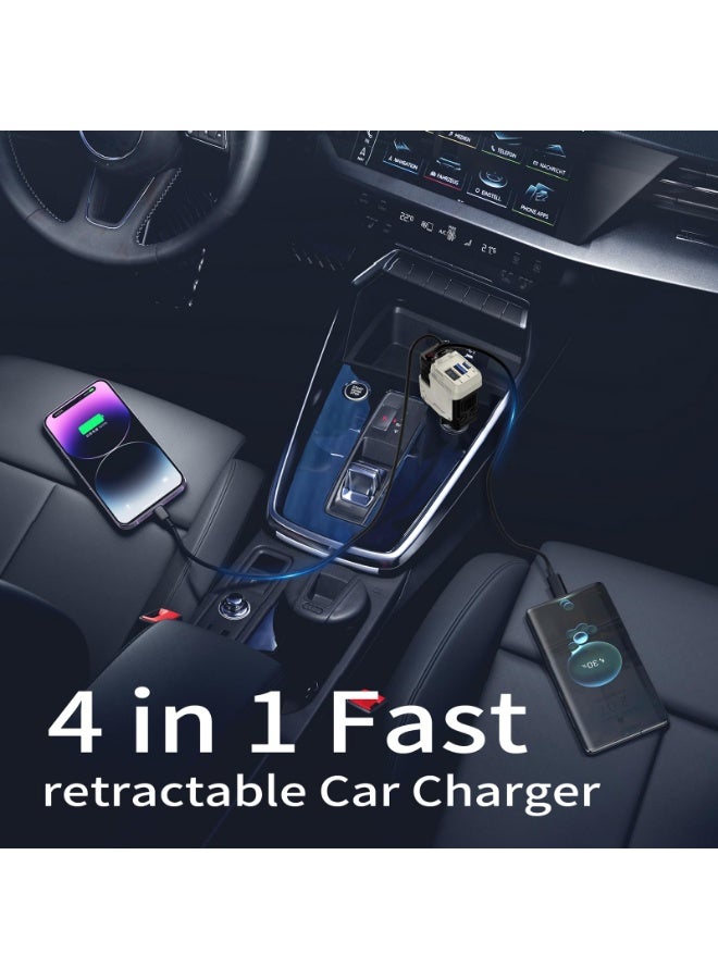 Arabest 4 in 1 Retractable Car Charger with 4 Shock Absorbers,Cigarette Lighter Adapter with Retractable Cables (31.5 in),Road Trip Essentials for Iphone12/13/14/15/16/17(White) - Image 2