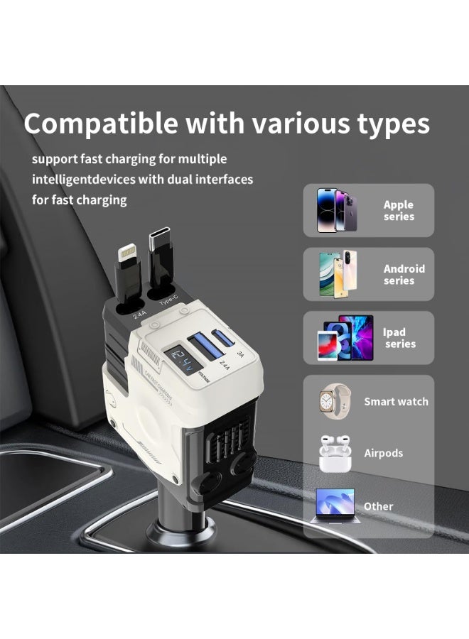Arabest 4 in 1 Retractable Car Charger with 4 Shock Absorbers,Cigarette Lighter Adapter with Retractable Cables (31.5 in),Road Trip Essentials for Iphone12/13/14/15/16/17(White) - Image 4