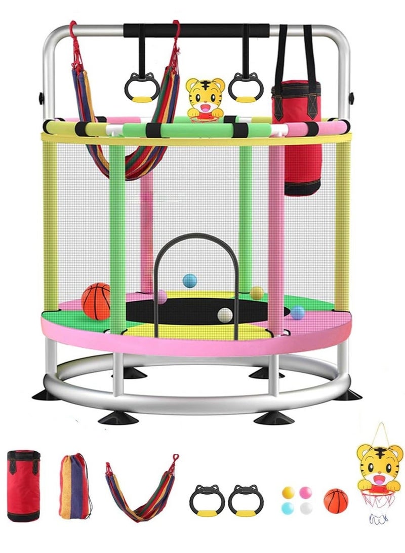 والالا ترامبولين للأطفال، ترامبولين للأطفال بطول 140 سم للاستخدام الداخلي والخارجي، ترامبولين للأطفال يتحمل حمولة 250 كجم مع شبكة مغلقة، ترامبولين صغير مع أرجوحة وكيس رمل وطوق كرة سلة وقضيب جمباز قابل للتعديل - Image 1