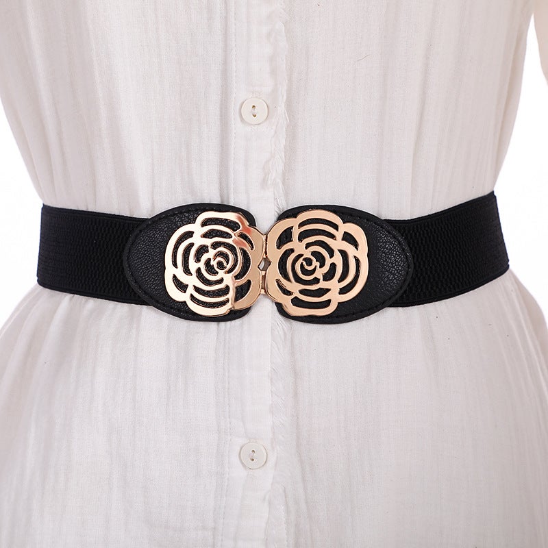 Special Sale Womens Elastic Belt Fashion Elastic Thin Waist Seal Korean-style All-match Dress Decorative Thin Belt 336 peony flower Black 4cm wide