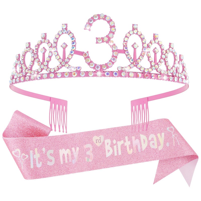 Canitor 3rd Birthday Girl Headband Birthday Crown Tiara and Sash for 3 Year Old Girl Gifts Birthday Decorations Threenager Hat Princess Happy Party Decorations - Image 1