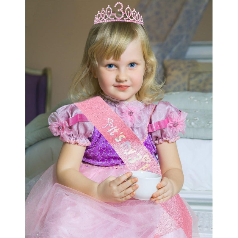Canitor 3rd Birthday Girl Headband Birthday Crown Tiara and Sash for 3 Year Old Girl Gifts Birthday Decorations Threenager Hat Princess Happy Party Decorations - Image 3