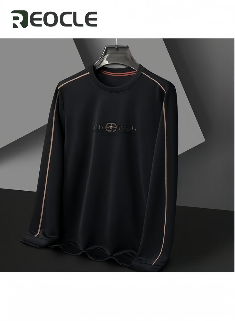 REOCLE Men's 3D Tailoring Long Sleeve Shirt Fashion Korean Style Sweatshirt Casual Round Neck Top Black - Image 3