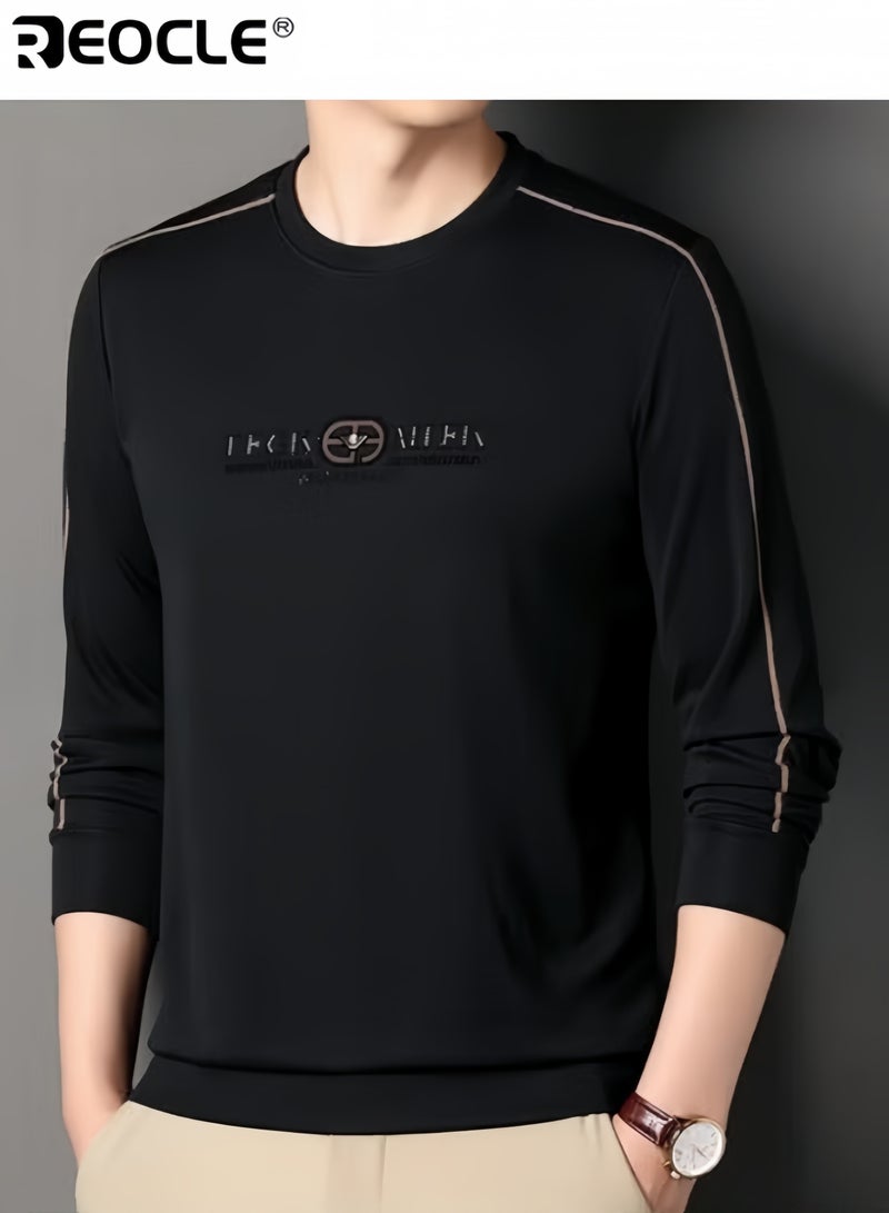 REOCLE Men's 3D Tailoring Long Sleeve Shirt Fashion Korean Style Sweatshirt Casual Round Neck Top Black - Image 1