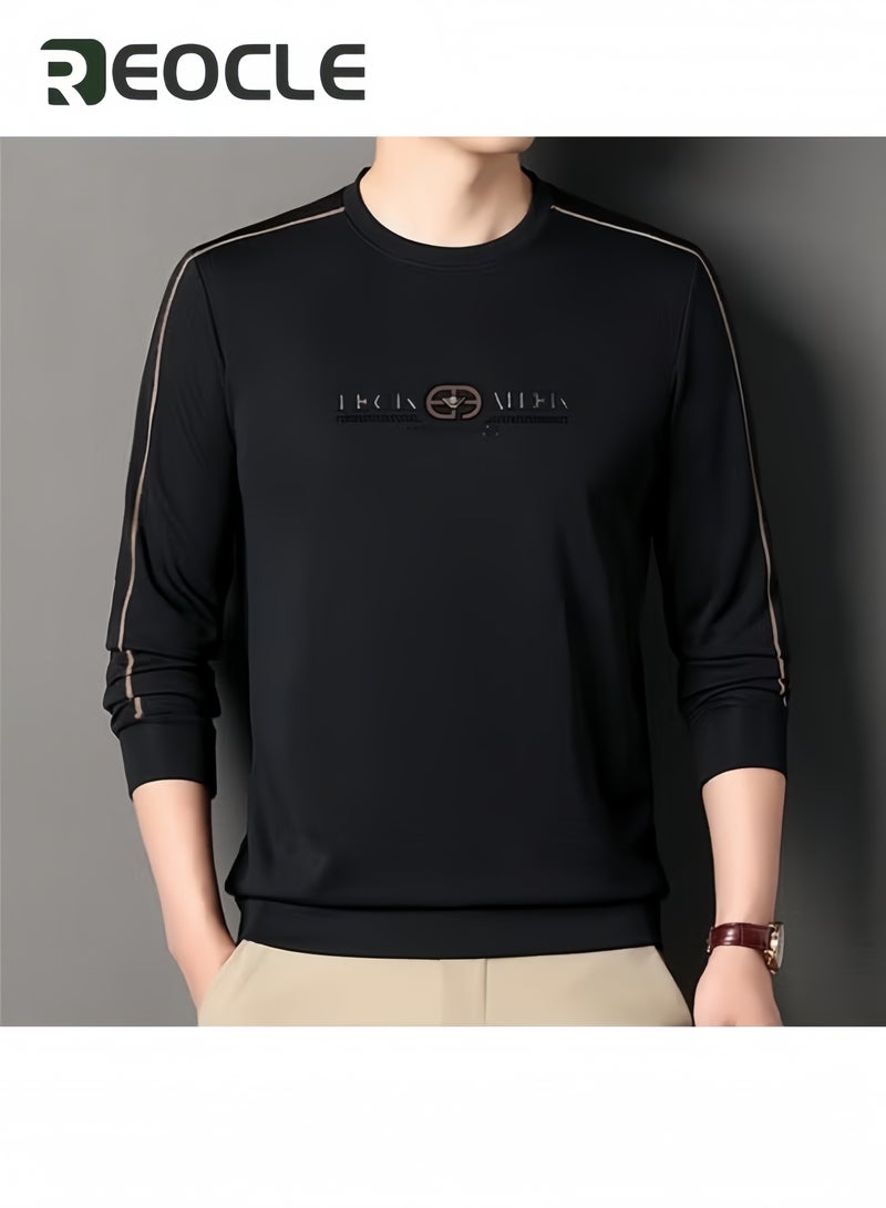 REOCLE Men's 3D Tailoring Long Sleeve Shirt Fashion Korean Style Sweatshirt Casual Round Neck Top Black - Image 2