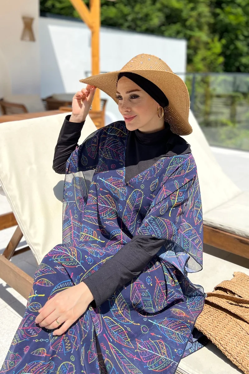Remsa Mayo Remsa Swimsuit Remsa Modest Swimsuit Patterned Single Kaftan Pareo 430-315 Leaf Theme
