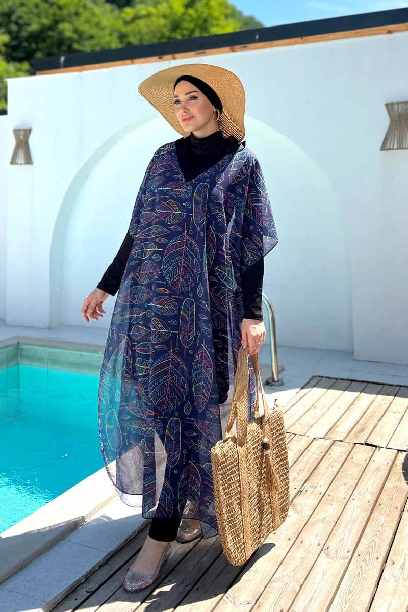 Remsa Mayo Remsa Swimsuit Remsa Modest Swimsuit Patterned Single Kaftan Pareo 430-315 Leaf Theme