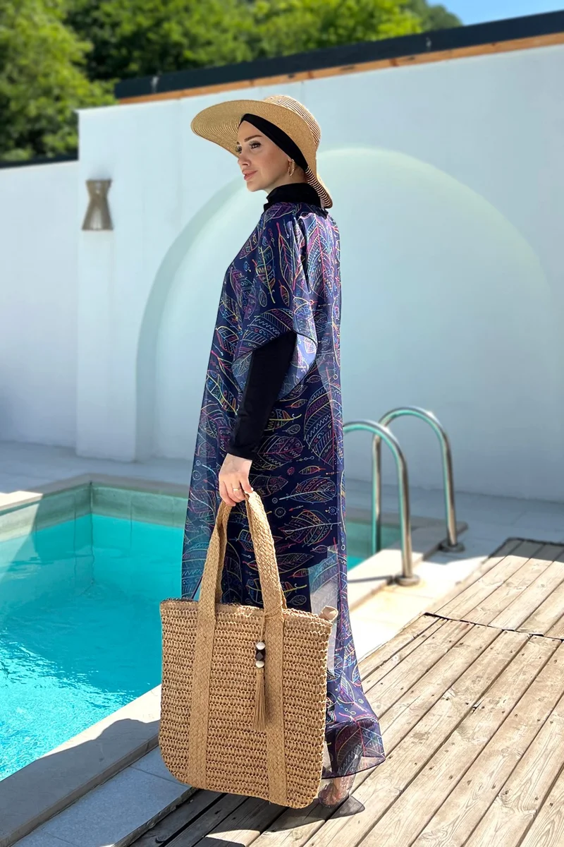 Remsa Mayo Remsa Swimsuit Remsa Modest Swimsuit Patterned Single Kaftan Pareo 430-315 Leaf Theme