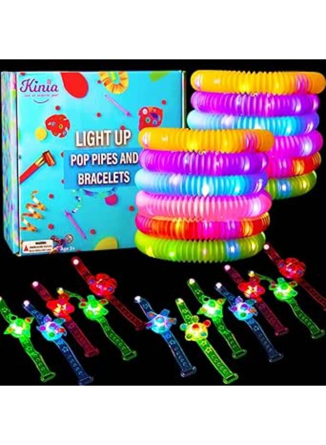 KINIA 12 Party Favors Pack LED Light Up Pop Tubes Large Glow in The Dark Sticks + 12 LED Glow in the Dark Bracelets
