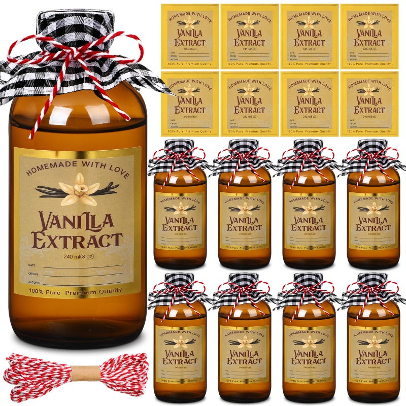 Uiifan 8 Pcs Glass Bottles Jars for Vanilla Extract 8 oz Amber Glass Jars with Caps Boston Round Bottles with Vanilla Extract Labels Stickers for Syrup Gift Food Storage Canister Set Sauce Beans - Image 1