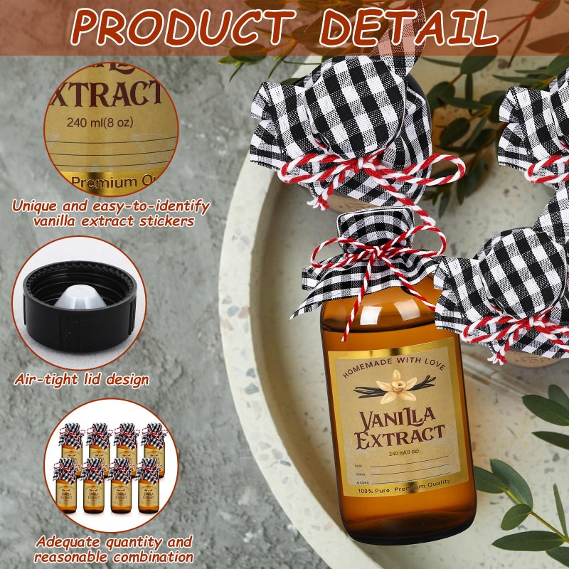 Uiifan 8 Pcs Glass Bottles Jars for Vanilla Extract 8 oz Amber Glass Jars with Caps Boston Round Bottles with Vanilla Extract Labels Stickers for Syrup Gift Food Storage Canister Set Sauce Beans - Image 3