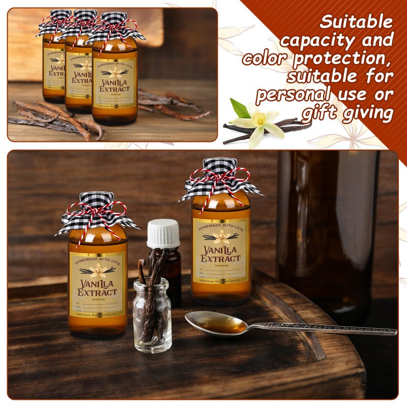 Uiifan 8 Pcs Glass Bottles Jars for Vanilla Extract 8 oz Amber Glass Jars with Caps Boston Round Bottles with Vanilla Extract Labels Stickers for Syrup Gift Food Storage Canister Set Sauce Beans - Image 5