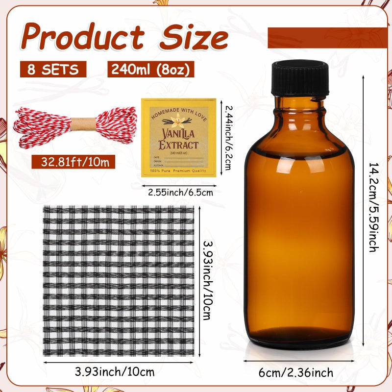 Uiifan 8 Pcs Glass Bottles Jars for Vanilla Extract 8 oz Amber Glass Jars with Caps Boston Round Bottles with Vanilla Extract Labels Stickers for Syrup Gift Food Storage Canister Set Sauce Beans - Image 2