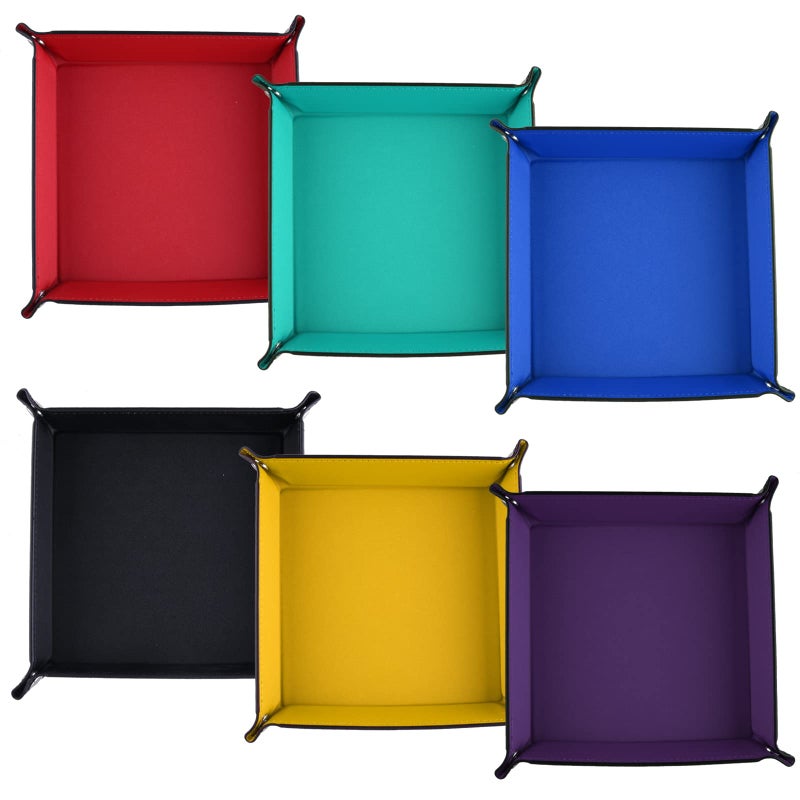 SIQUK 6 Pieces Dice Tray PU Leather Dice Rolling Tray Folding Square Holder for Dice Games, 6 Colors - Image 1