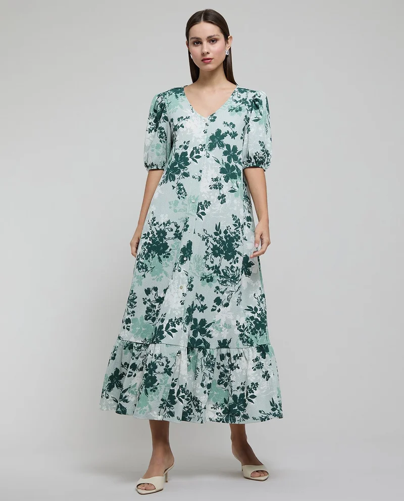 أر أند بي Printed A-Line Dress with V-Neck and Puff Sleeves