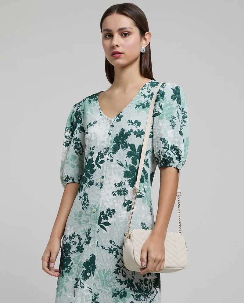 أر أند بي Printed A-Line Dress with V-Neck and Puff Sleeves