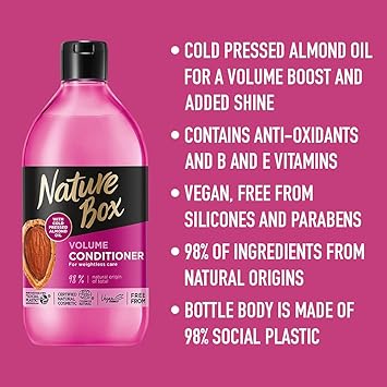 Nature Box Volume Vegan Conditioner with 100 Cold Pressed Almond Oil Free from Silicones and Parabens 385 ml - Image 2