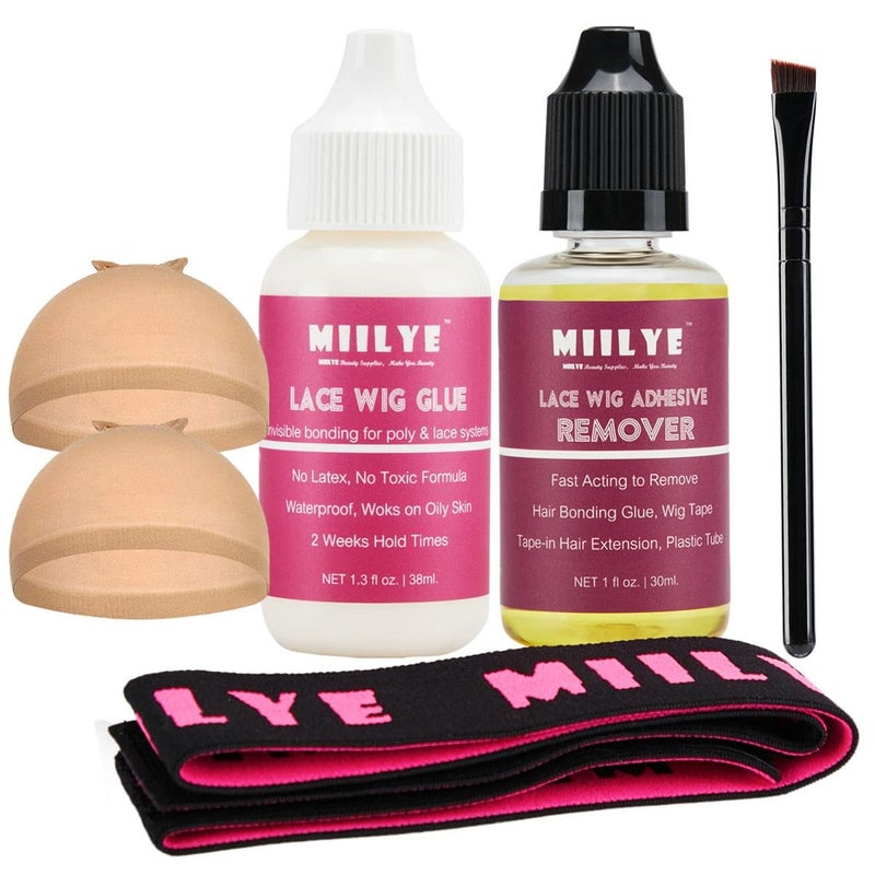 MIILYE Wig Glue for Front Lace Wig Install Kit with Adhesive Remover, Wig Caps, Melting Band, Strong Hold Lace Glue for Invisible Hair Bonding, White - Image 1
