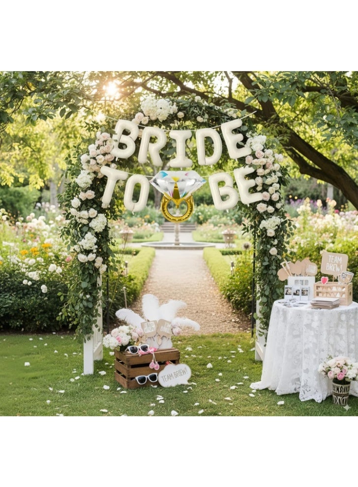 عالم البالونات مجموعة من 10 لافتات زينة لحفلات الزفاف، باللون البيج، لافتة بالونات حروف "حفلات الزفاف للعروس" مع خاتم ألماس، بالون من رقائق المايلر للخطوبة وحفلات الزفاف وكابينة الصور وغرفة الدجاجة وديكور الحفلات - Image 4
