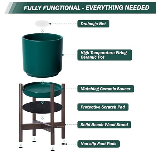 D'vine Dev Ceramic Planter with Walnut Color Stand - 8 Inch Modern Round Flower Pot with Wood Planter Holder, Teal, 55-B-Y-4 - Image 5
