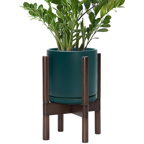 D'vine Dev Ceramic Planter with Walnut Color Stand - 8 Inch Modern Round Flower Pot with Wood Planter Holder, Teal, 55-B-Y-4 - Image 1