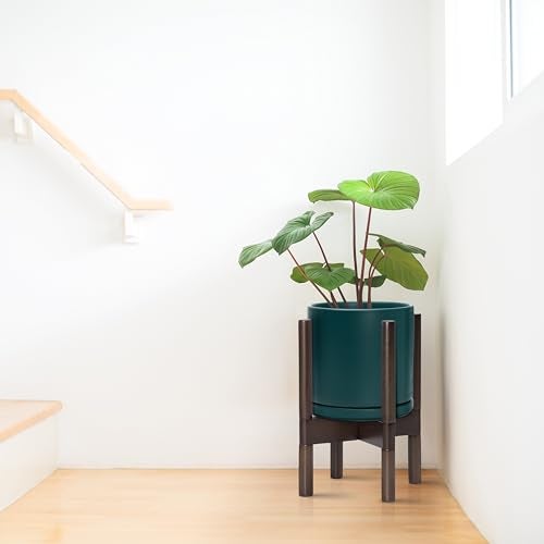 D'vine Dev Ceramic Planter with Walnut Color Stand - 8 Inch Modern Round Flower Pot with Wood Planter Holder, Teal, 55-B-Y-4 - Image 2