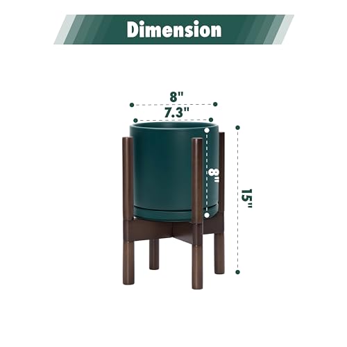 D'vine Dev Ceramic Planter with Walnut Color Stand - 8 Inch Modern Round Flower Pot with Wood Planter Holder, Teal, 55-B-Y-4 - Image 3