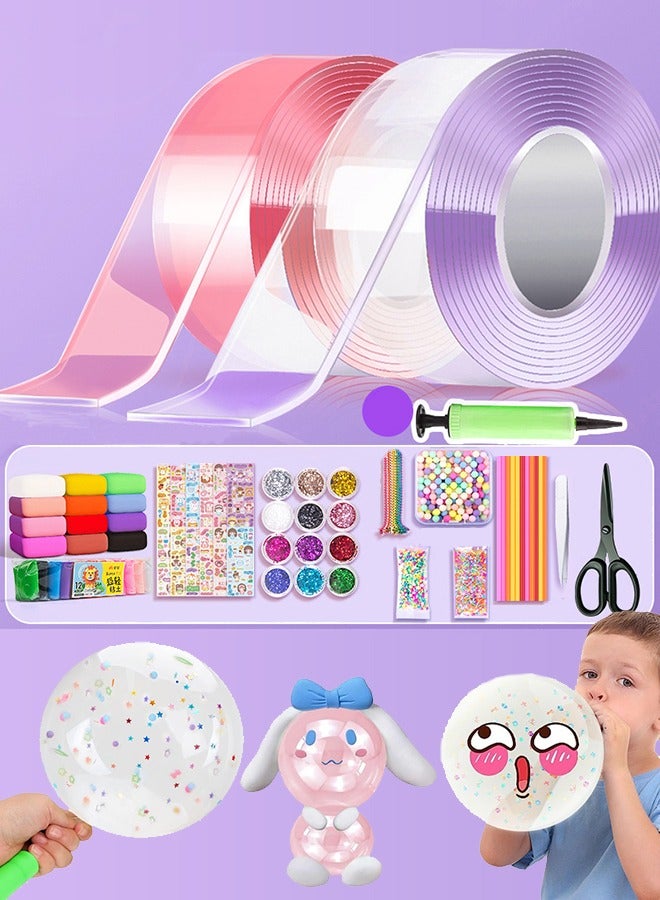 Nano Tape Bubble Kit, 3M×2Pcs Nano Tape with Balloon Pump, 10pcs Straw, 1pcs Clamps, Stickers,12 Kinds of Glitter, Nano Tape Magic Plastic Bubble Balloon DIY Craft Kit for Kids(White+Pink) - Image 1