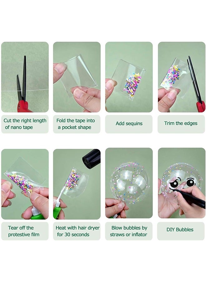 Nano Tape Bubble Kit, 3M×2Pcs Nano Tape with Balloon Pump, 10pcs Straw, 1pcs Clamps, Stickers,12 Kinds of Glitter, Nano Tape Magic Plastic Bubble Balloon DIY Craft Kit for Kids(White+Pink) - Image 3