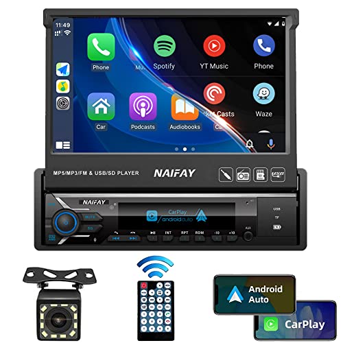 Naifay Single Din Touchscreen Car Stereo with Carplay & Android Auto, 7inch Flip Out Screen Car Stereo with Bluetooth Car Audio Receivers, Backup Camera, FM Radio/Mirror Link/USB/AUX/TF/Subwoofer - Image 1