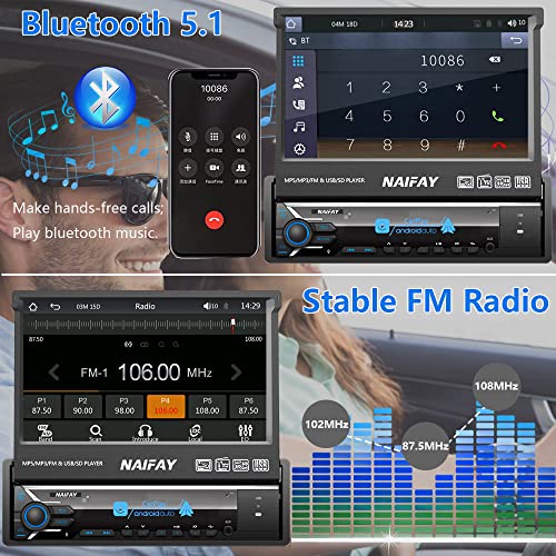 Naifay Single Din Touchscreen Car Stereo with Carplay & Android Auto, 7inch Flip Out Screen Car Stereo with Bluetooth Car Audio Receivers, Backup Camera, FM Radio/Mirror Link/USB/AUX/TF/Subwoofer - Image 3