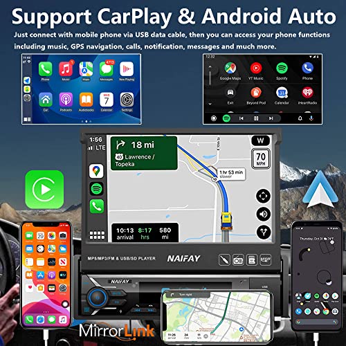 Naifay Single Din Touchscreen Car Stereo with Carplay & Android Auto, 7inch Flip Out Screen Car Stereo with Bluetooth Car Audio Receivers, Backup Camera, FM Radio/Mirror Link/USB/AUX/TF/Subwoofer - Image 2