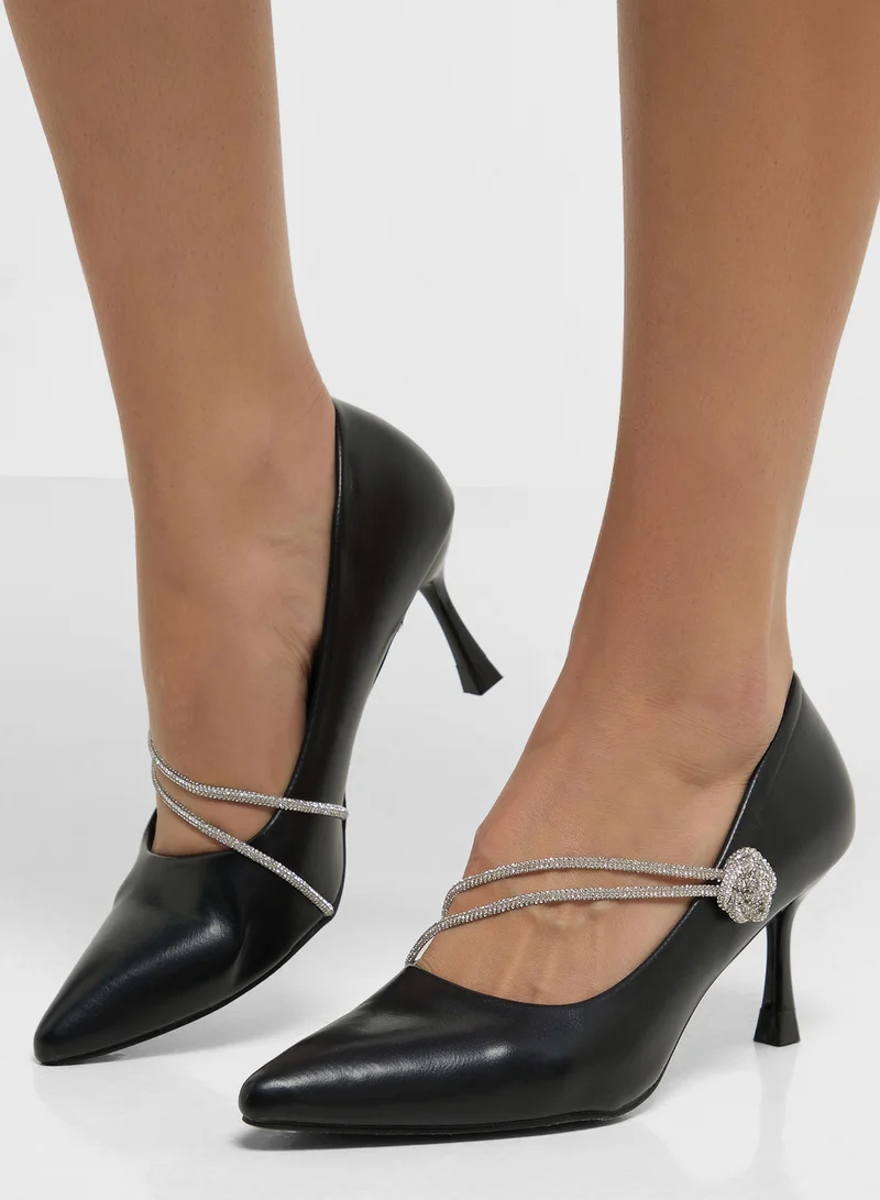 Ella Limited Edition Diamante Floral Rose Strap Pointy Pump