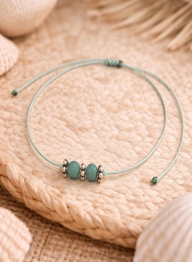 DARSHRAJ 925 Sterling Silver Anklet | Mint Green Thread Ankle Bracelet for Women & Girls | Double Bead Payal | Adjustable Handmade Foot Jewelry | Nazariya Ethnic Ankle Jewelry - Image 4