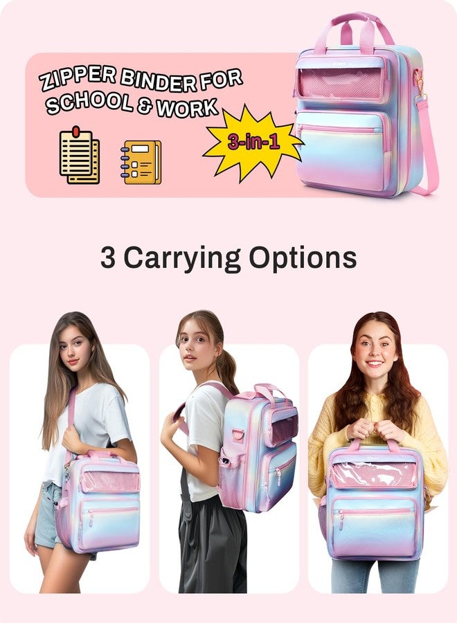 Arcoyard Zipper Binder 3 Ring with Ita Window, 3 Inch Binder with Zipper D-Ring Fits 14 in Laptop, 3-in-1 Shoulder/Backpack/Handle 600 Sheets Capacity for School & Office - Pink Blue - Image 4