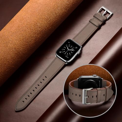 OUHENG Leather Bands Compatible with Apple Watch Band 49mm/46mm/45mm/44mm/42mm, Genuine Leather Strap for iWatch Series 11/10/9/8/7/6/5/4/3/2/1 & Ultra 3/2/1 & SE3 SE2 SE, Taupe/Silver - Image 5