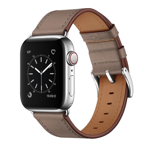 OUHENG Leather Bands Compatible with Apple Watch Band 49mm/46mm/45mm/44mm/42mm, Genuine Leather Strap for iWatch Series 11/10/9/8/7/6/5/4/3/2/1 & Ultra 3/2/1 & SE3 SE2 SE, Taupe/Silver - Image 1