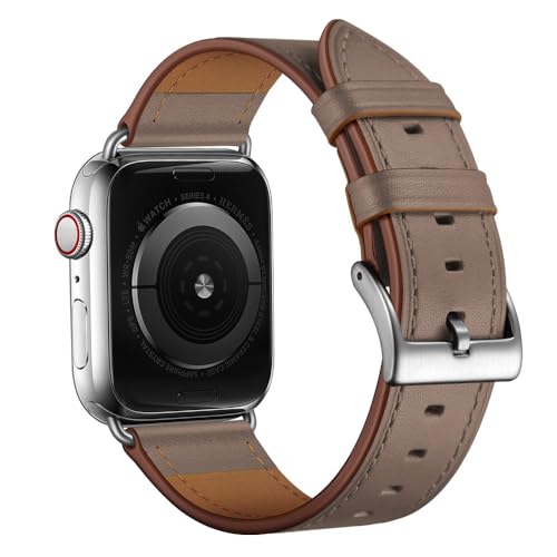 OUHENG Leather Bands Compatible with Apple Watch Band 49mm/46mm/45mm/44mm/42mm, Genuine Leather Strap for iWatch Series 11/10/9/8/7/6/5/4/3/2/1 & Ultra 3/2/1 & SE3 SE2 SE, Taupe/Silver - Image 2
