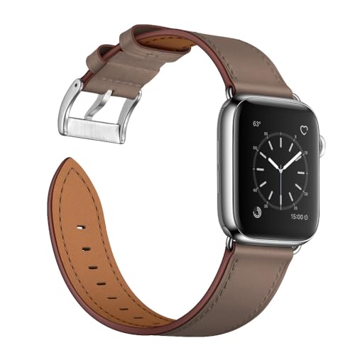 OUHENG Leather Bands Compatible with Apple Watch Band 49mm/46mm/45mm/44mm/42mm, Genuine Leather Strap for iWatch Series 11/10/9/8/7/6/5/4/3/2/1 & Ultra 3/2/1 & SE3 SE2 SE, Taupe/Silver - Image 3