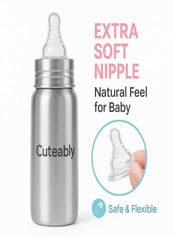 CUTEABLY زجاجة كيوتيبلي كيدز المصنوعة من الفولاذ المقاوم للصدأ والخالية من مادة BPA ذات فوهة واسعة مضادة للمغص | زجاجة أطفال مقاومة للصدأ (300 مل) - Image 5