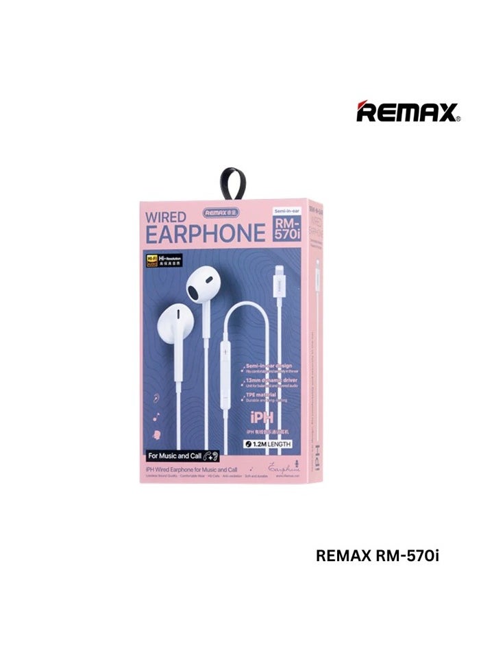REMAX سماعات أذن سلكية RM570i مع موصل Lightning، سماعات أذن مدمجة بميكروفون وتحكم في مستوى الصوت للموسيقى والمكالمات، بيضاء، موصل Lightning، متوافقة مع iPhone 7/8/X/11/12/13/14Pro  - Image 3