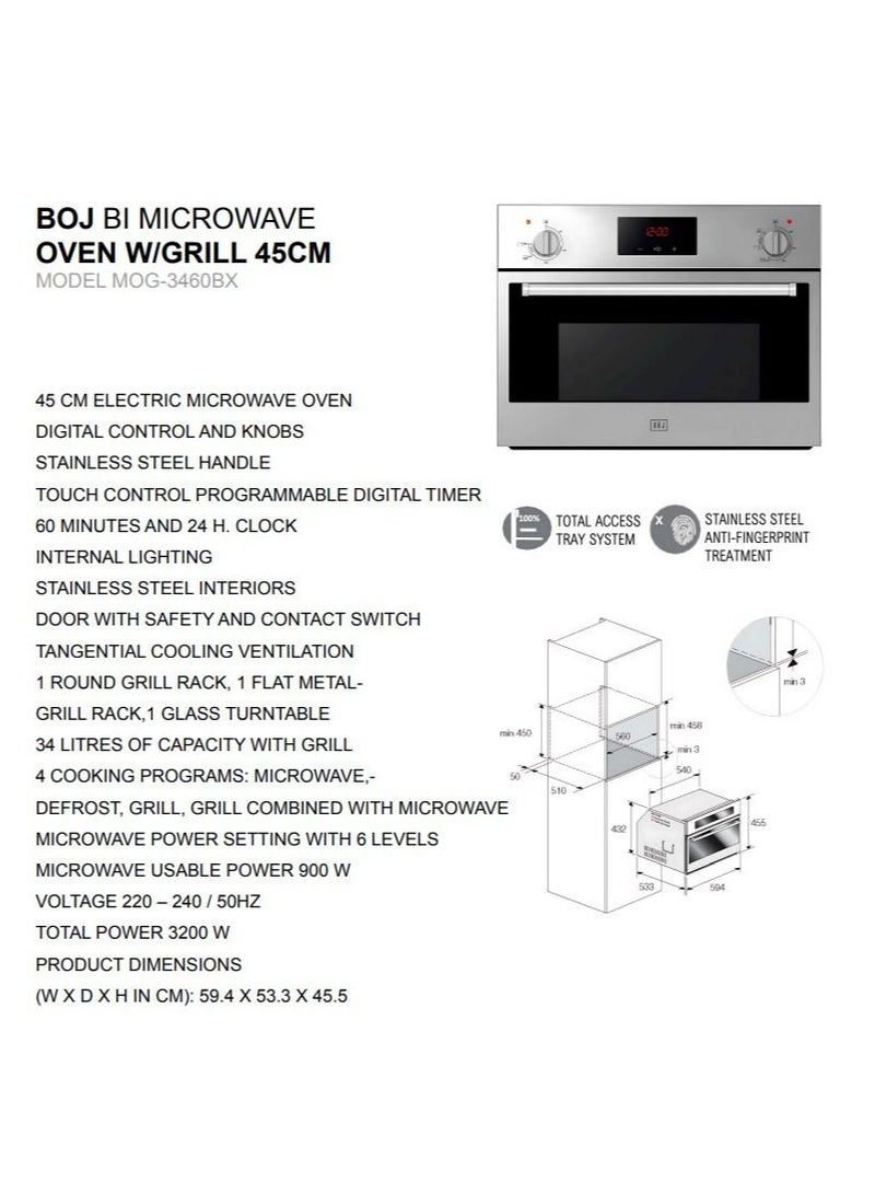 BOJ 45cm Built In Microwave Oven MOG 3460BX With Grill Digital Control And Knobs Door With Safety And Contact Switch 34 L Inner Capacity 3 Cooking Programs Made In Italy - Image 4